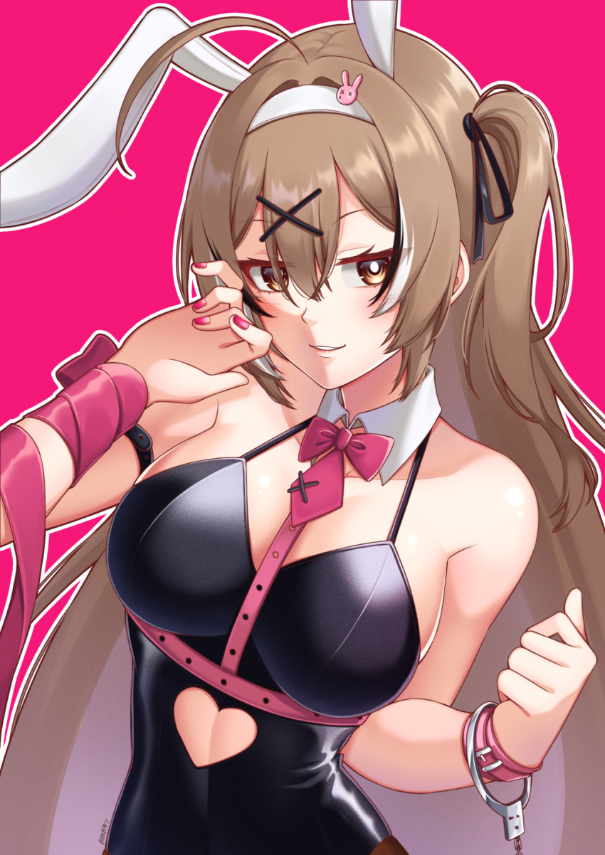 1girl, akkanen, alternate_costume, animal_ears, black_hair, black_leotard, black_ribbon, breasts