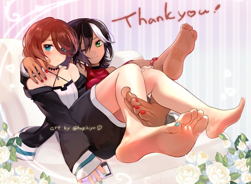 2girls, anklet, arm_around_shoulder, artist_name, bare_legs, bare_shoulders, barefoot, black_choker