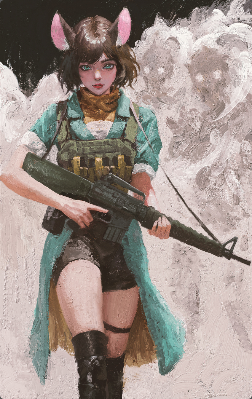 1girl, absurdres, animal_ears, aqua_coat, assault_rifle, black_boots, black_shorts, blue_eyes