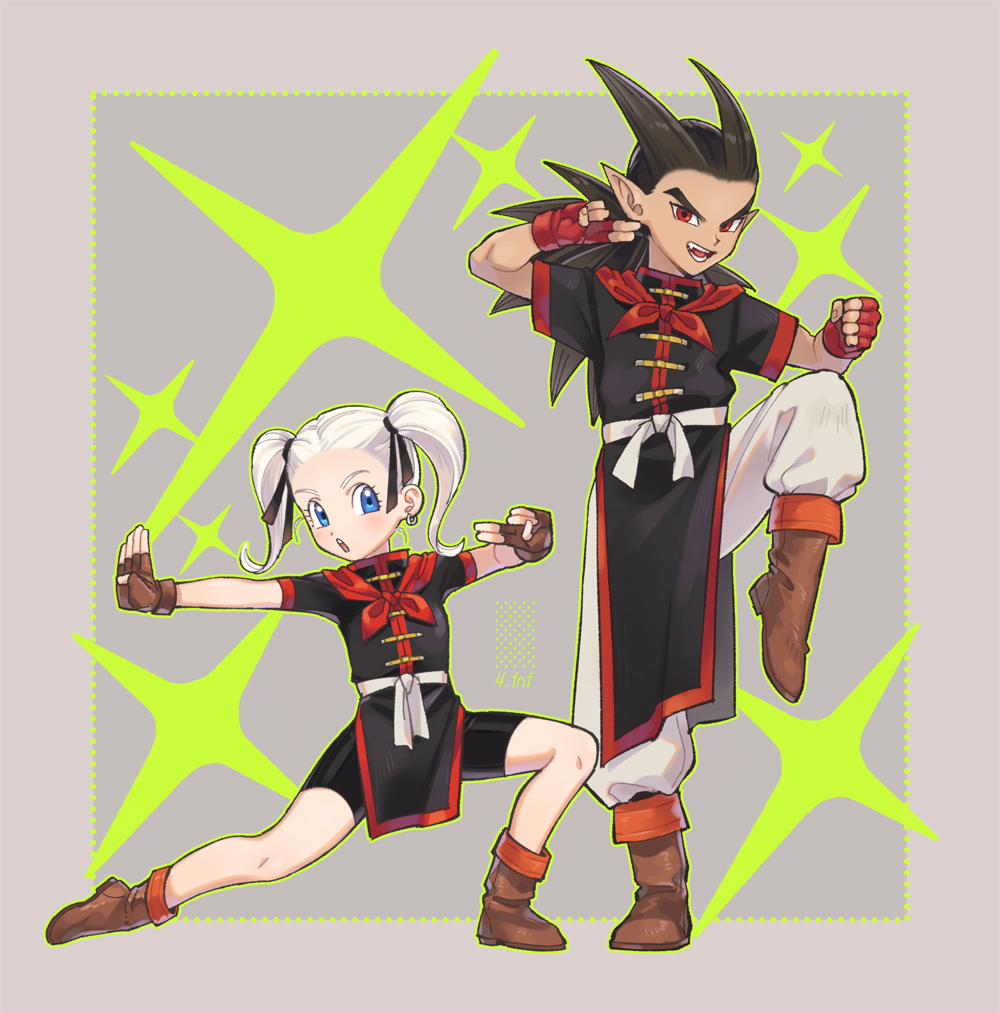 1boy, 1girl, 4_fnf, alternate_costume, artist_name, bike_shorts, blonde_hair, blue_eyes