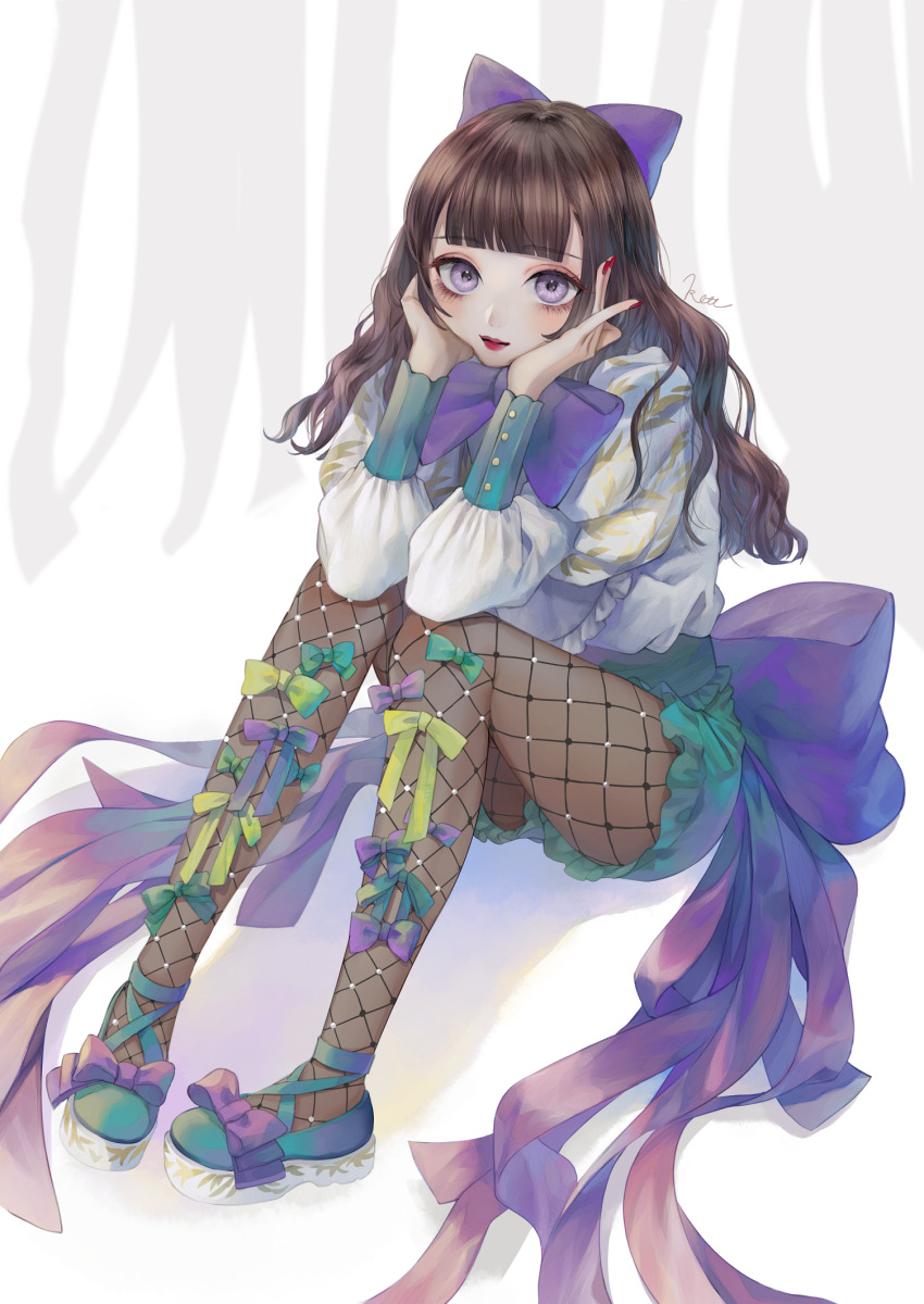 1girl, black_hair, blunt_bangs, bow, brown_pantyhose, footwear_bow, full_body, green_footwear