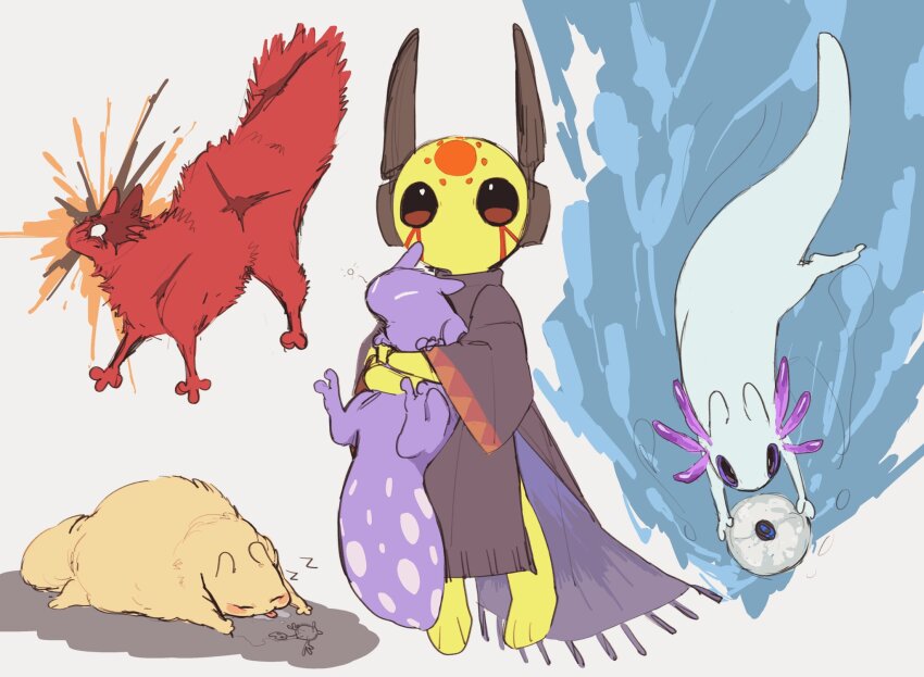 1other, androgynous, artificer_(rain_world), barefoot, brown_eyes, chibi, closed_eyes, colored_skin