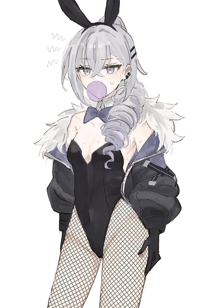 1girl, animal_ears, bare_shoulders, black_jacket, black_leotard, blowing_bubble_gum, blowing_bubbles, bow