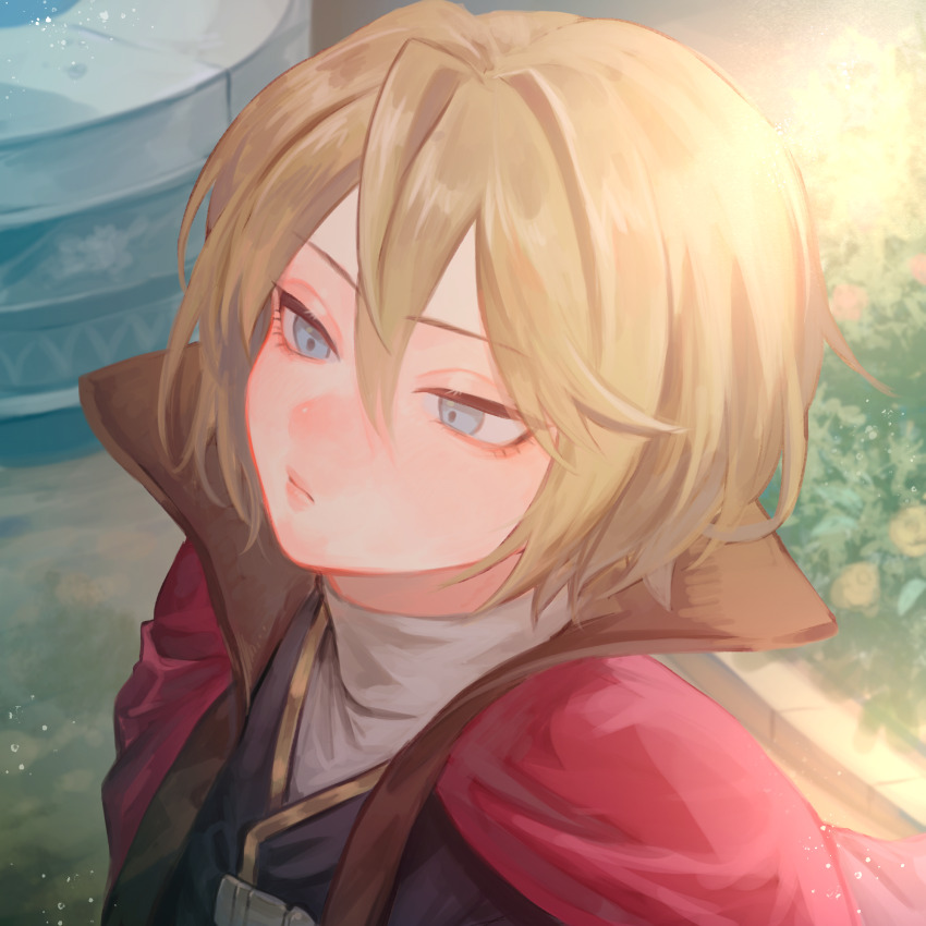 1boy, auch_(unicorn_overlord), bishounen, black_robe, blonde_hair, blue_eyes, commentary_request, hair_between_eyes