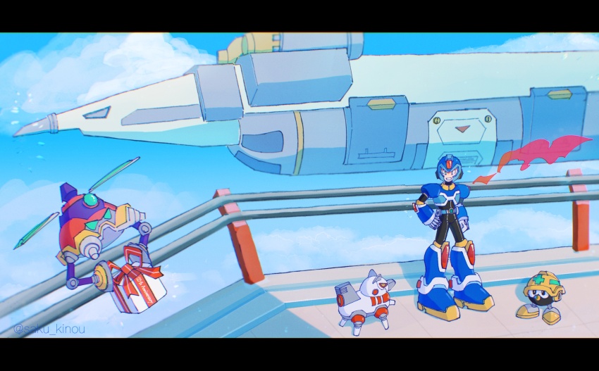 1boy, aircraft, android, armor, blue_armor, blue_helmet, forehead_jewel, helmet, highres, mega_man_(series), mega_man_x:_command_mission, mega_man_x_(series), met_(mega_man), new_armor_x_(mega_man), saku_kinou, shoulder_armor, twitter_username, x_(mega_man)