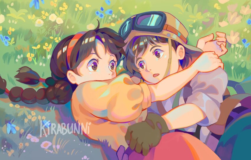 1boy, 1girl, artist_name, belt, black_belt, blue_flower, blue_pants, braid, brown_eyes, brown_hair, brown_hat, brown_vest, covered_mouth, fingernails, flower, ghibli_redraw_challenge_(meme), gloves, goggles, goggles_on_headwear, grass, green_gloves, grey_shirt, hair_ornament, hairband, hand_on_another's_shoulder, hat, hug, kirabunni, long_hair, looking_at_another, low-braided_long_hair, low-tied_long_hair, lying, meme, on_side, open_clothes, open_mouth, open_vest, orange_flower, orange_shirt, outdoors, pants, pazu, pink_flower, pink_pants, puffy_short_sleeves, puffy_sleeves, red_hairband, sheeta, shirt, short_hair, short_sleeves, studio_ghibli, tenkuu_no_shiro_laputa, twin_braids, vest, yellow_flower