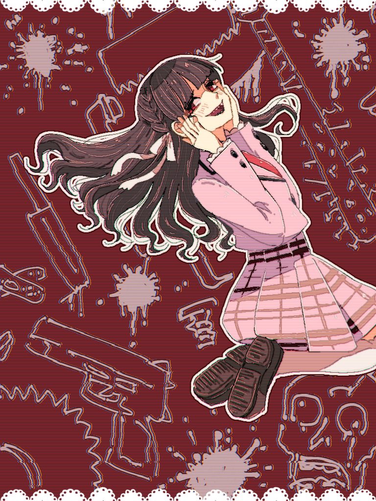 1girl, baio_rin, blazer, border, brown_footwear, brown_hair, gun_print, hair_ribbon