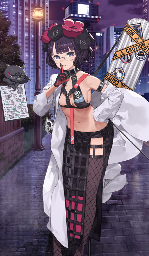 1girl, bare_shoulders, bikini, black_bikini, black_gloves, black_skirt, blue_eyes, blush, breasts, brown_thighhighs, caution_tape, cleavage, clipboard, coat, fate/grand_order, fate_(series), fishnet_thighhighs, fishnets, flower, glasses, gloves, hair_flower, hair_ornament, index_finger_raised, katsushika_hokusai_(exhibition_attire)_(fate), katsushika_hokusai_(fate), kuroboshi_kouhaku, large_breasts, long_skirt, long_sleeves, looking_at_viewer, navel, octopus, off_shoulder, official_art, pen, purple_hair, short_hair, side_slit, skirt, smile, swimsuit, thighhighs, thighs, toto-sama_(fate), white_coat