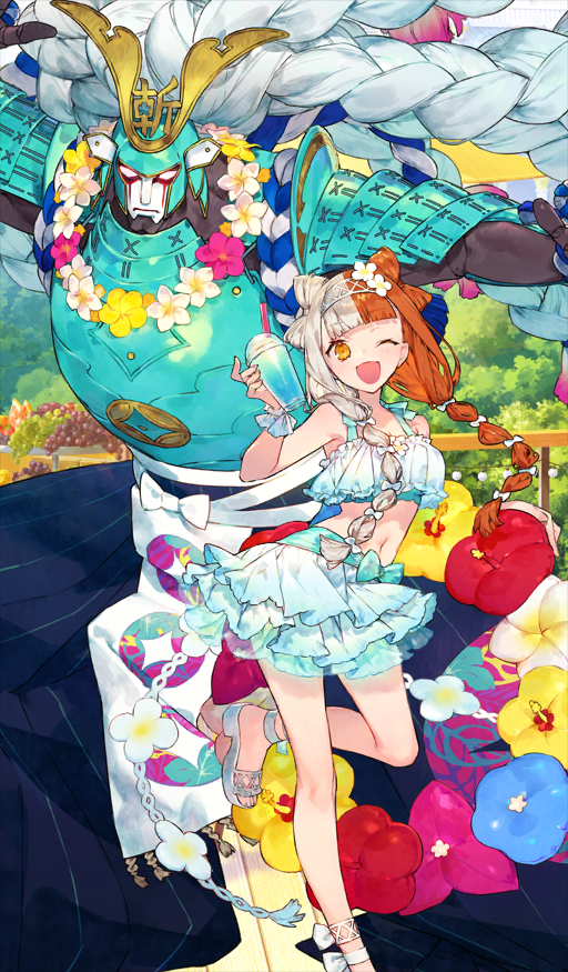 1girl, 1other, aqua_armor, aqua_bikini, armor, bikini, blunt_bangs, blush