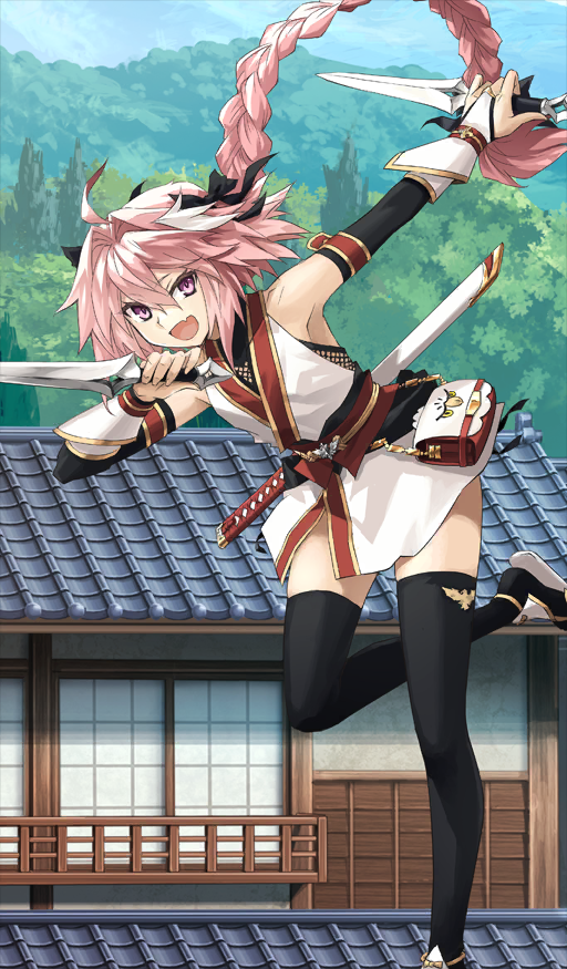 1boy, astolfo_(exhibition_attire)_(fate), astolfo_(fate), bag, black_bow, black_thighhighs, blush, bow