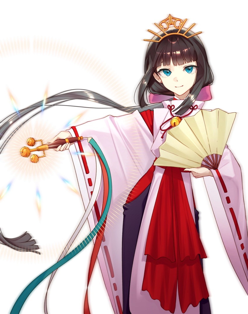 1girl, bell, black_hair, blunt_bangs, folding_fan, green_eyes, hair_ornament, hair_ribbon