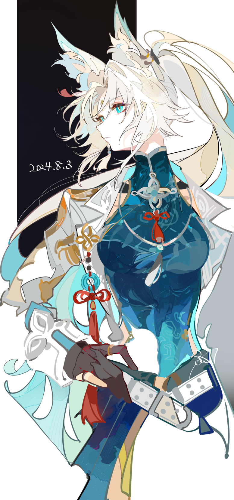 1girl, animal_ear_fluff, animal_ears, belt, black_background, blue_eyes, blue_hair, blue_shirt