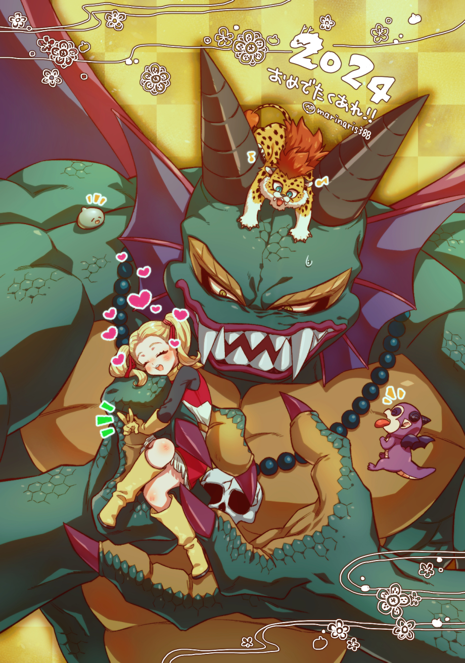 1980s_(style), 1boy, 1girl, 2024, 3others, black_horns, black_sleeves, blonde_hair, blush, bone_necklace, boots, carrying, carrying_person, closed_eyes, commentary_request, dragon_quest, dragon_quest_builders_2, dragon_quest_ii, dress, female_builder_(dqb2), fringe_trim, gloves, great_sabrecat, gremlin_(dragon_quest), hair_ribbon, heart, height_difference, highres, horns, jewelry, knee_boots, looking_at_another, looking_down, marisuke_(marippe), monster, monster_boy, multiple_others, necklace, oldschool, open_mouth, red_claws, red_ribbon, retro_artstyle, ribbon, scales, sharp_teeth, sidoh, sitting, size_difference, skull_necklace, slime_(dragon_quest), sweatdrop, teeth, twintails, twitter_username, v, yellow_eyes, yellow_gloves