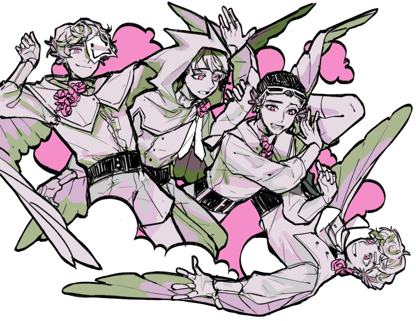 4boys, absurdres, alternate_costume, bird_wings, border, chinese_commentary, commentary_request, connoreatspants