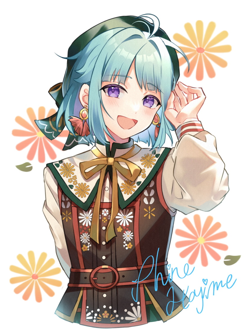 1boy, :d, adjusting_clothes, adjusting_headwear, arm_behind_back, belt, beret, black_belt, black_vest, blue_hair, character_name, cropped_legs, dress_shirt, earrings, ensemble_stars!, floral_background, floral_print, green_hat, hand_up, happy, hat, highres, jewelry, light_blue_hair, looking_at_viewer, male_focus, neck_ribbon, o-ring, o-ring_belt, open_mouth, purple_eyes, ribbon, shino_(sinotaro_), shino_hajime, shirt, smile, solo, tassel, tassel_earrings, tongue, trap, upper_body, vest, white_shirt, yellow_ribbon