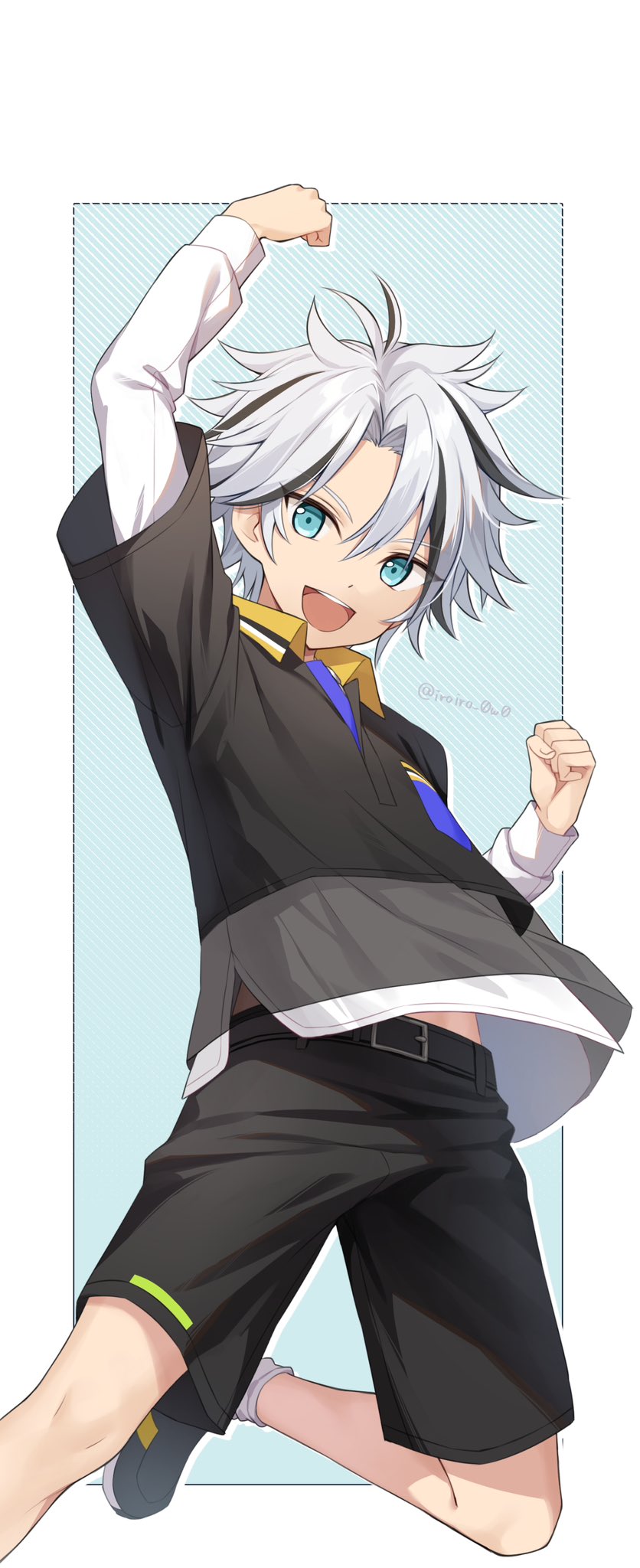 1boy, :d, aqua_eyes, arm_up, artist_name, belt, bishounen, black_belt