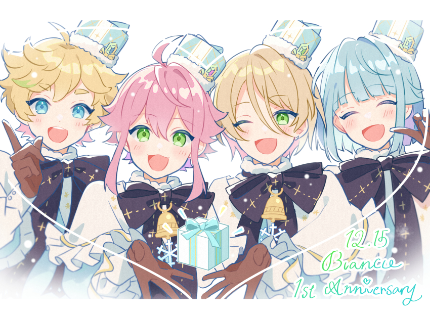 4boys, :d, bishounen, black_gloves, box, ensemble_stars!, fur-trimmed_headwear, fur_trim
