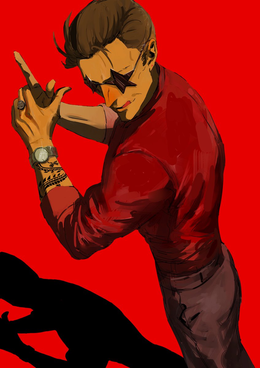 1boy, arm_tattoo, arms_up, belt, black_belt, black_pants, brown_hair, commentary