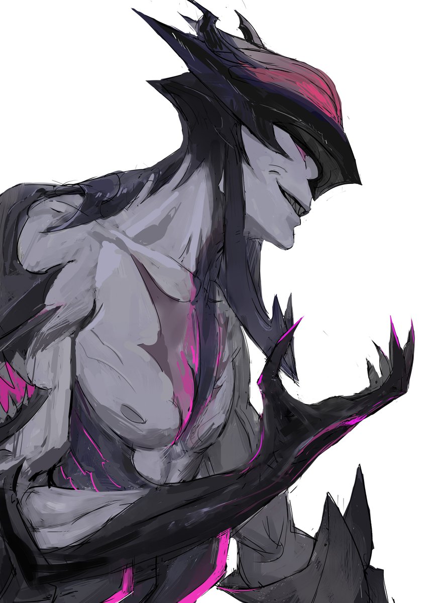 1boy, aatrox, abs, black_claws, claws, colored_skin, commentary, demon