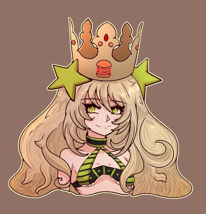 1girl, alternate_costume, bare_shoulders, blonde_hair, bra, breasts, brown_background, burger_king