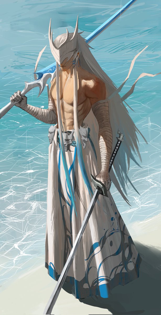 1boy, abs, alternate_color, arm_wrap, bandaged_arm, bandages, bare_shoulders, beach, belt, blue_trim, colored_tips, commentary, dual_wielding, from_above, hair_intakes, hakama, hakama_skirt, highres, holding, holding_sword, holding_weapon, horned_mask, japanese_clothes, katana, league_of_legends, long_hair, male_focus, mask, multicolored_hair, ocean, parted_lips, patterned_clothing, pectorals, rrrr46621358, scar, scar_on_face, skirt, solo, sparkle, sword, topless_male, water, weapon, white_hair, white_hakama, white_skirt, yone_(league_of_legends)