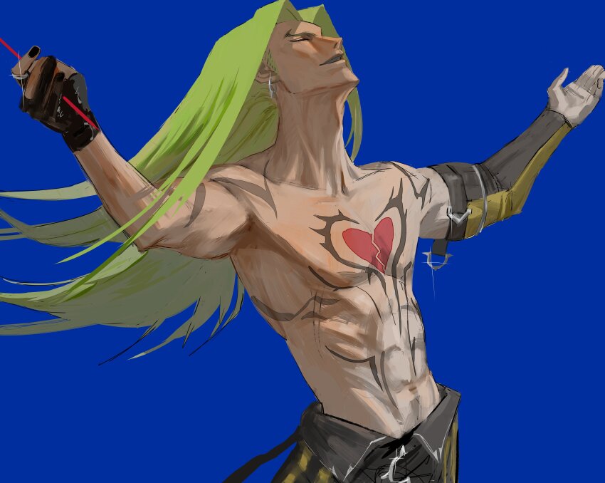 1boy, abs, absurdres, arm_belt, arms_up, belt, black_belt, black_gloves