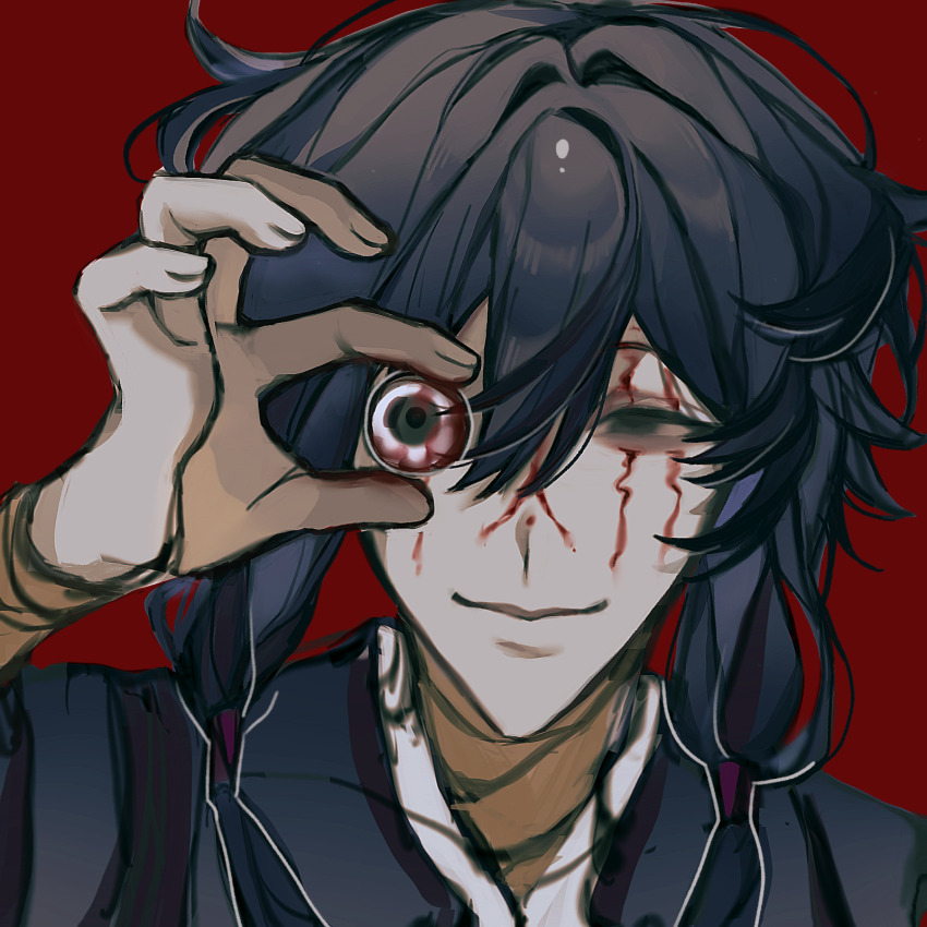 1boy, alternate_eye_color, black_hair, black_jacket, chaoshi_maotou, chinese_commentary, closed_mouth, commentary_request