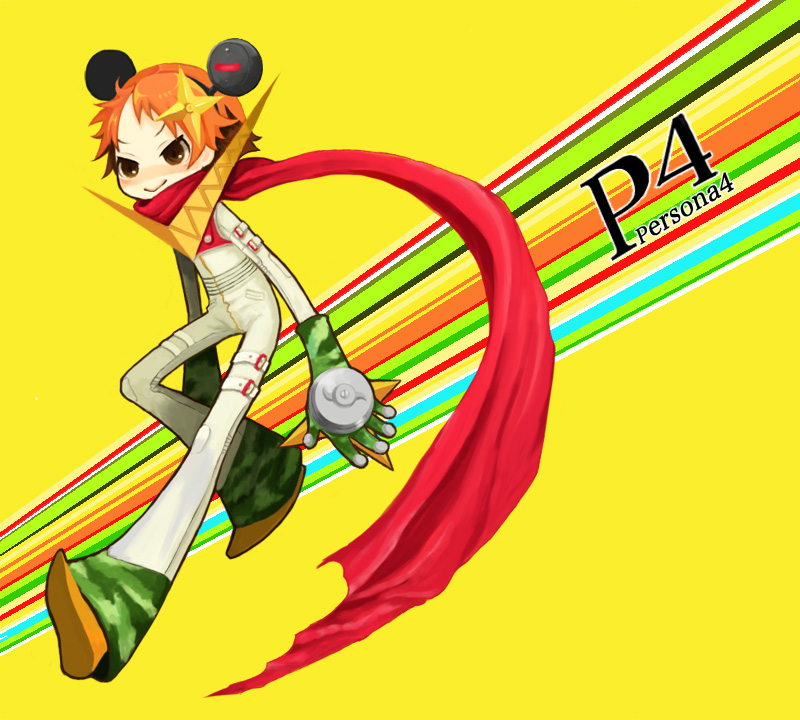 1boy, atlus, brown_eyes, brown_hair, chibi, cosplay, full_body, fumino, hairband, hanamura_yousuke, jiraiya_(persona_4), jiraiya_(persona_4)_(cosplay), male_focus, persona, persona_4, scarf, simple_background, solo