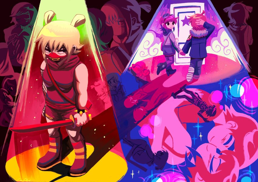 1boy, 2girls, absurdres, back, bag, black_eyes, black_footwear, blonde_hair, blue_hair, blue_jacket, blush, boots, bracelet, breasts, closed_eyes, closed_mouth, cloud, detached_sleeves, door, faunsipaws, french_kiss, goggles, goggles_on_head, grey_sweater, hetero, highres, holding, holding_bag, holding_hands, holding_sword, holding_weapon, hug, jacket, jewelry, kiss, long_sleeves, looking_at_another, mask, mouth_mask, multicolored_hair, multiple_girls, orange_hair, pants, pantyhose, pink_hair, purple_footwear, purple_light, purple_pants, purple_shirt, ramona_flowers, roxie_richter, scott_pilgrim, scott_pilgrim_(series), shadow, shirt, short_hair, short_twintails, shorts, skirt, sleeveless, sleeveless_shirt, spiked_bracelet, spikes, spotlight, star_(symbol), striped_clothes, striped_footwear, sweater, sword, thick_eyebrows, twintails, two-tone_hair, weapon, yellow_light, yuri