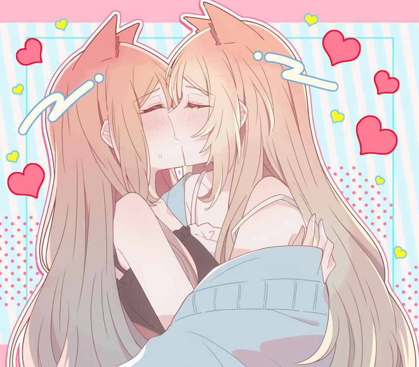 2girls, absurdres, animal_ears, black_bra, blue_sweater, blush, bra, brown_hair