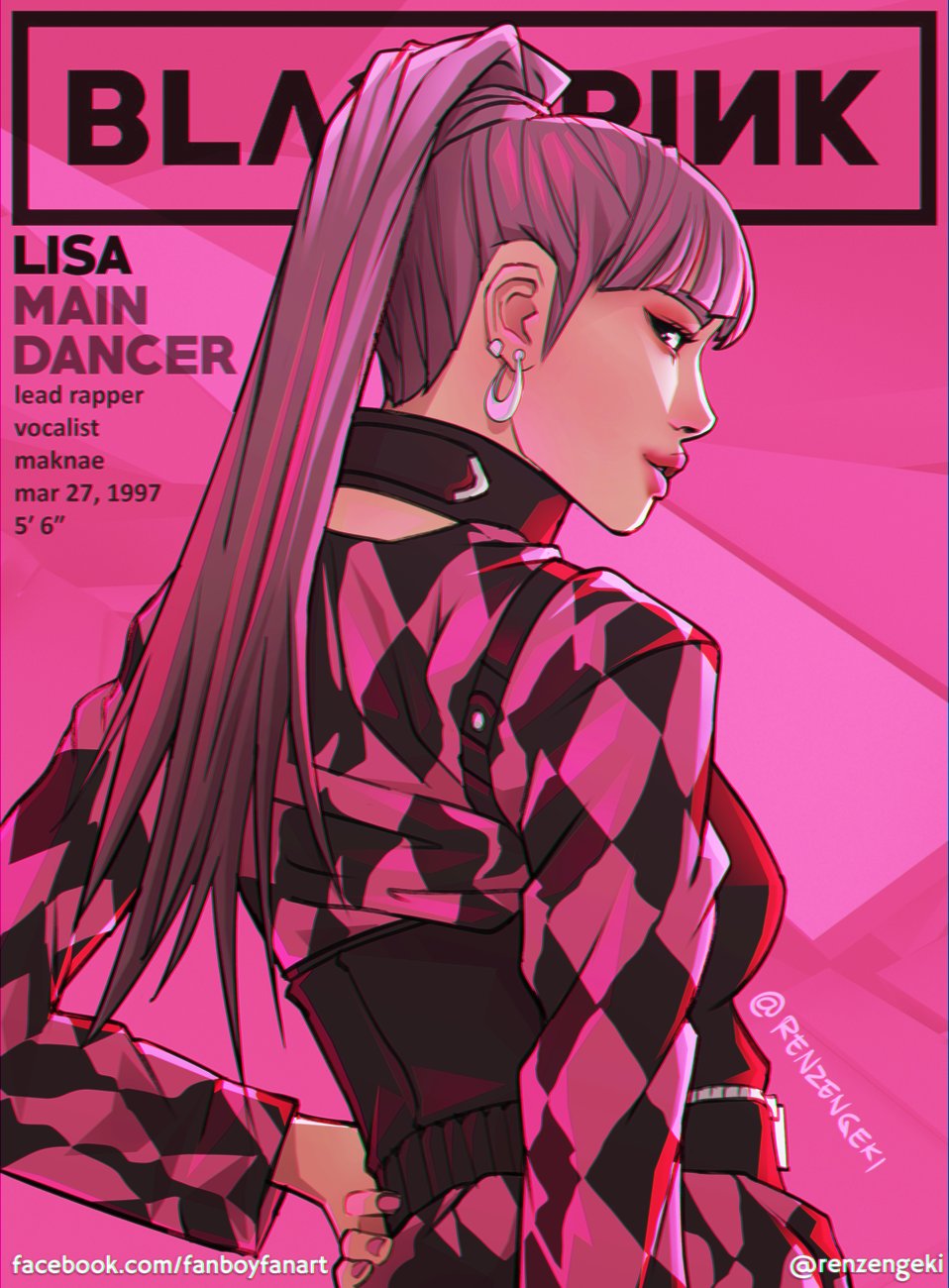1girl, back, blackpink, blunt_bangs, character_name, choker, commentary, earrings