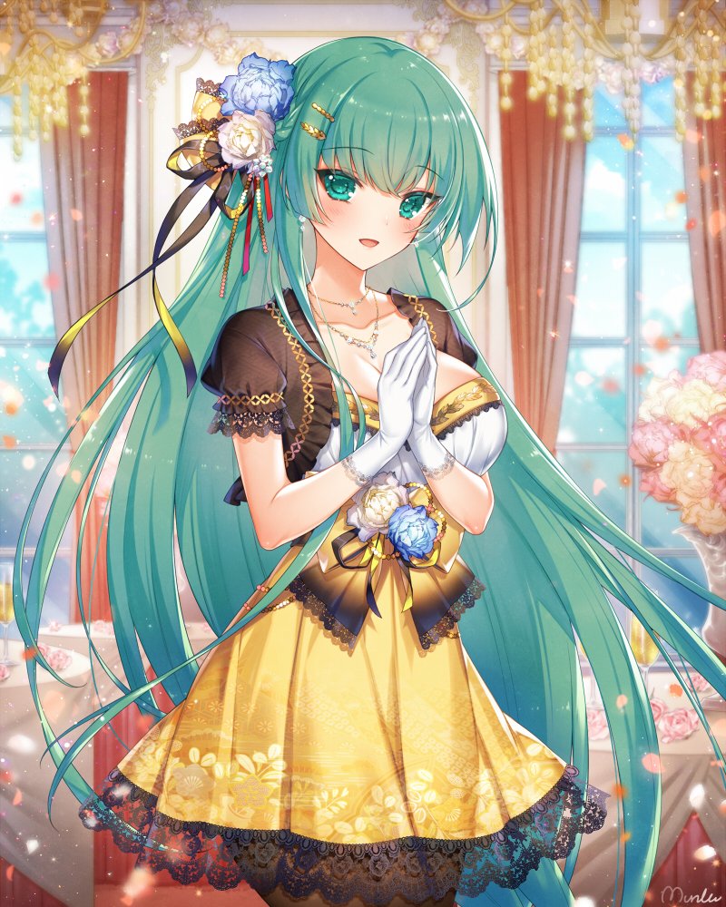 1girl, :d, blue_flower, blue_rose, blush, breasts, cleavage, collarbone