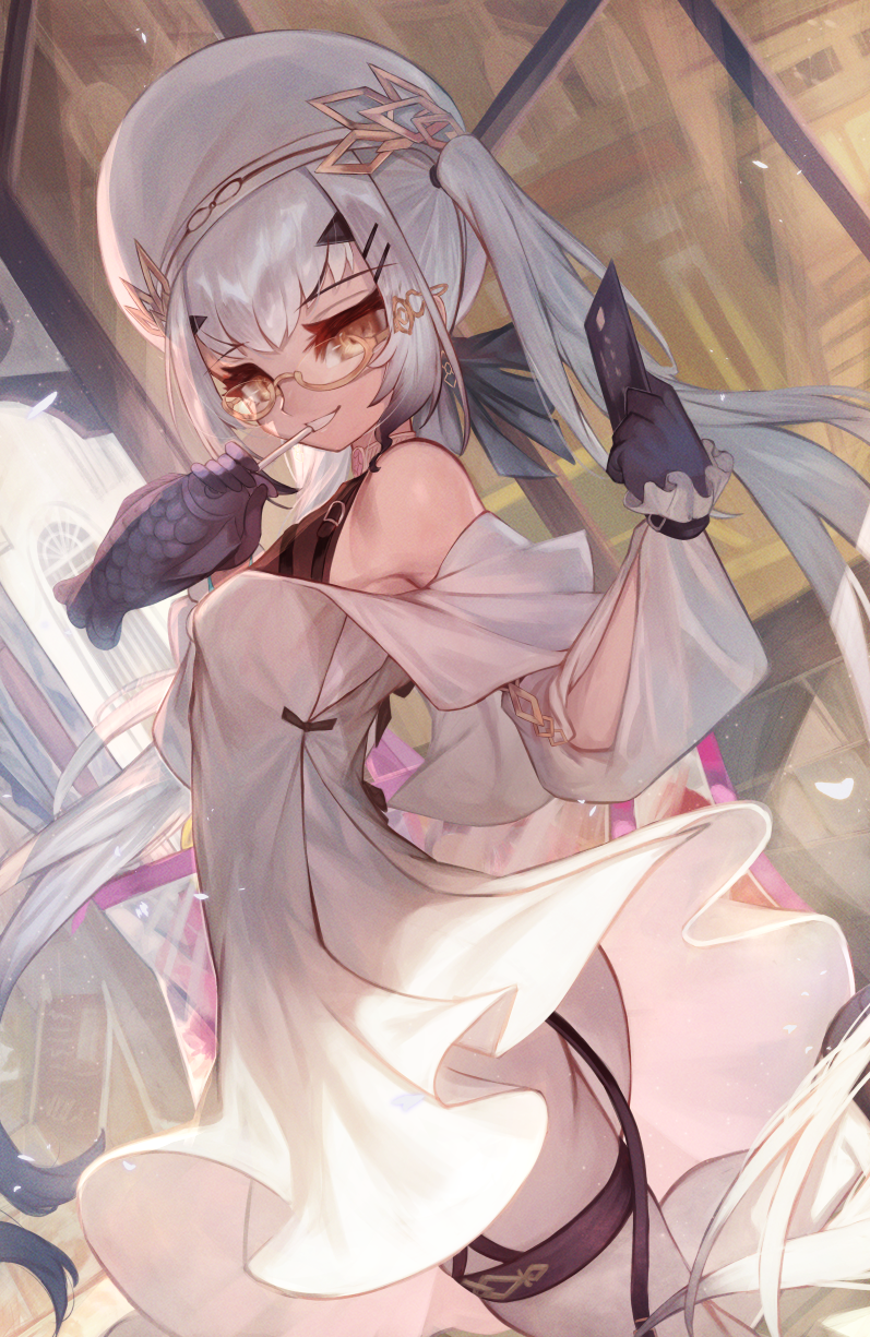 1girl, bare_shoulders, beret, black_gloves, breasts, card, dress, drinking_straw