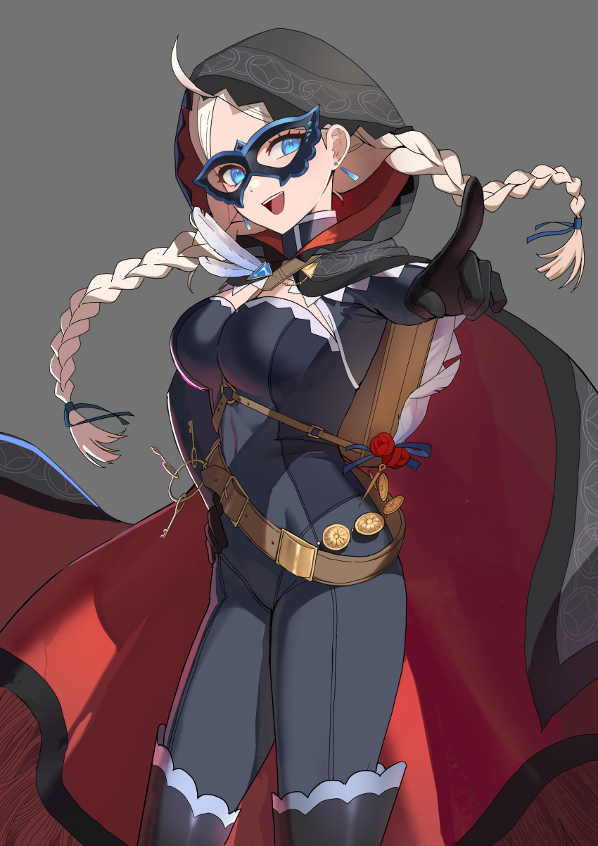 1girl, absurdres, ahoge, ashamutoki, black_gloves, blue_bodysuit, blue_eyes, blue_mask, bodysuit, braid, breasts, cape, coin, commission, commissioner_upload, crystal_earrings, earrings, eye_mask, fire_emblem, fire_emblem_fates, fire_emblem_heroes, gloves, gold_coin, harness, highres, hood, hooded_cape, jewelry, keyring, leather_belt, long_hair, low_twin_braids, low_twintails, mask, medium_breasts, multicolored_bodysuit, nina_(fire_emblem), nina_(thief)_(fire_emblem), nintendo, non-web_source, o-ring, o-ring_harness, official_alternate_costume, open_mouth, parted_bangs, phantom_thief, pointing, pointing_at_viewer, smile, turtleneck, twin_braids, twintails, two-tone_bodysuit, two-tone_cape, white_hair