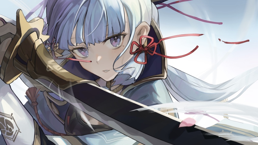 1girl, absurdres, ayaka_(genshin_impact), blue_hair, blunt_bangs, commentary_request, earrings, facing_viewer