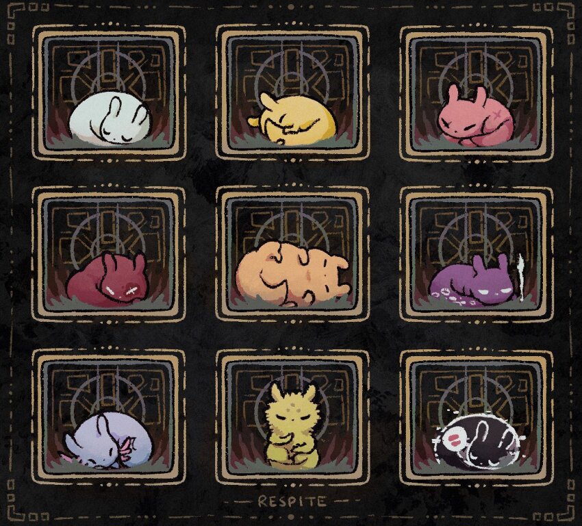 alleesaur, artificer_(rain_world), black_background, closed_eyes, creature, english_text, facial_mark, gourmand_(rain_world)