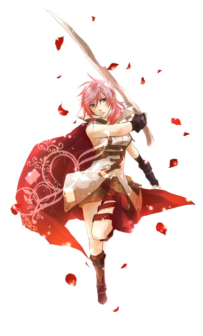 10s, 1girl, belt, boots, cape, female_focus, fighting_stance, final_fantasy, final_fantasy_xiii, gunblade, legs, lightning_farron, long_hair, multiple_belts, petasl, pink_hair, red_cape, simple_background, skirt, solo, sword, thigh_strap, thighs, weapon, white_background