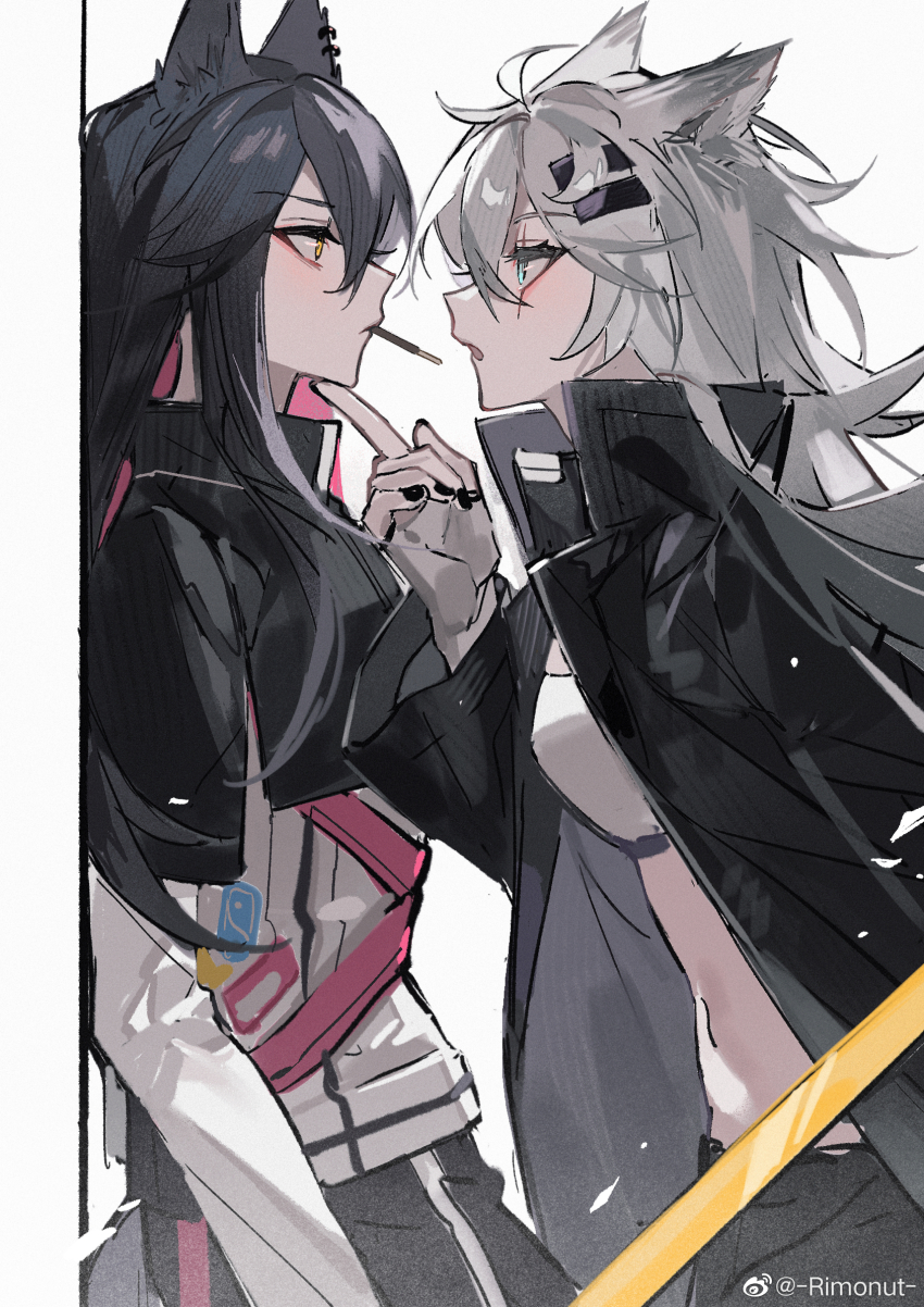 2girls, animal_ears, arknights, black_hair, black_jacket, black_nails, black_pants, blue_eyes