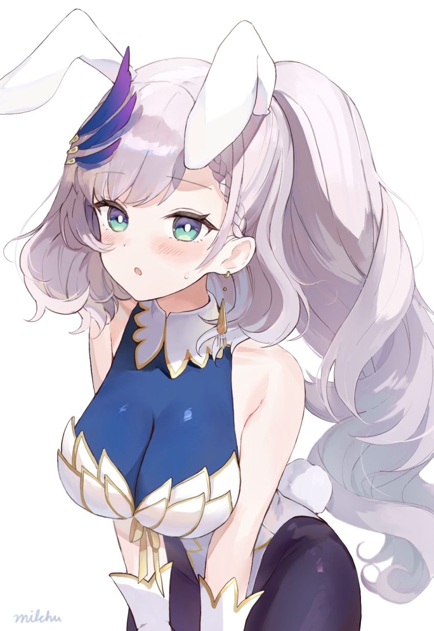 1girl, adapted_costume, animal_ears, black_pantyhose, breasts, cleavage, fake_animal_ears, fake_tail, feather_hair_ornament, feathers, gloves, green_eyes, grey_hair, hair_ornament, highres, hololive, hololive_indonesia, large_breasts, leotard, long_hair, looking_at_viewer, milchu, pantyhose, pavolia_reine, pavolia_reine_(1st_costume), playboy_bunny, ponytail, rabbit_ears, rabbit_tail, solo, strapless, strapless_leotard, tail, virtual_youtuber, white_gloves, white_leotard