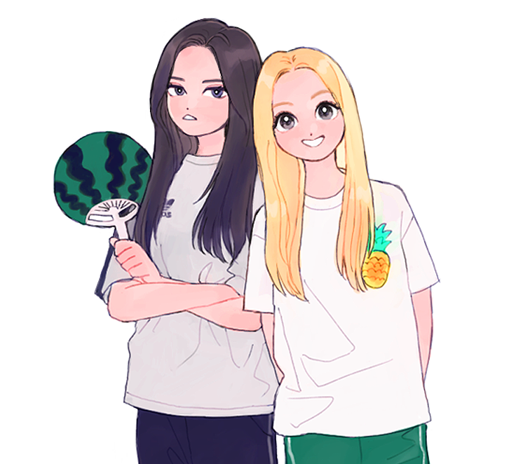 2girls, adidas, bad_id, bad_twitter_id, blonde_hair, blue_track_suit, brown_hair, commentary_request