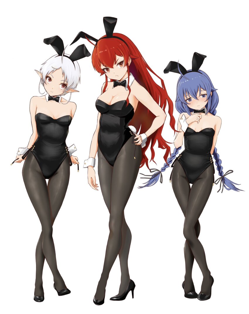 3girls, ahoge, alternate_costume, animal_ears, arms_behind_back, black_bow, black_bowtie, black_footwear