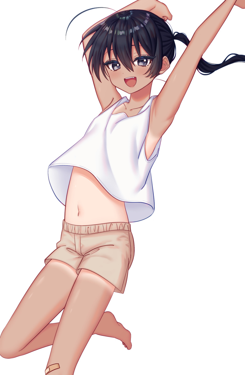 1boy, absurdres, ahoge, androgynous, armpit_peek, arms_up, bandaid, bandaid_on_leg