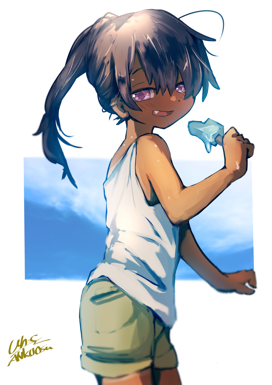 1boy, ahoge, androgynous, black_hair, blush, cloud, dark-skinned_male, dark_skin