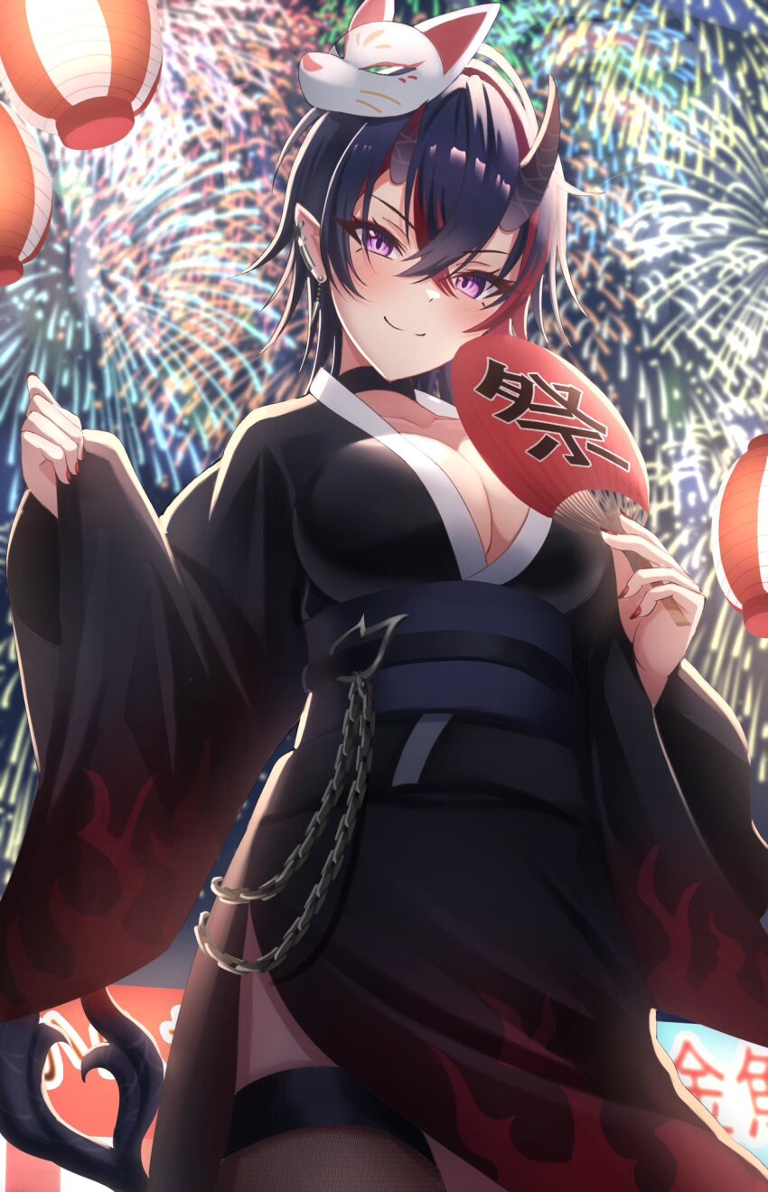 1girl, aerial_fireworks, alternate_costume, balflear_(oe19nlud), black_hair, black_horns, black_kimono, black_sash