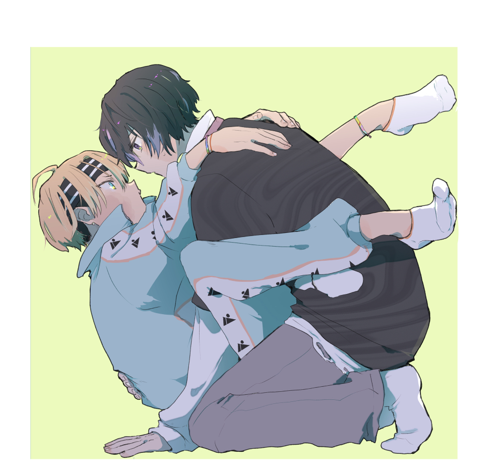 18trip, 2boys, aqua_eyes, aqua_jacket, aqua_pants, arm_support, between_legs, black_hair, black_headband, black_sweater, border, bracelet, collared_jacket, collared_shirt, couple, feet_up, grey_eyes, grey_pants, hand_on_another's_back, hand_on_ground, headband, high_collar, isotake_akuta, jacket, jewelry, kinugawa_kiroku, kneeling, layered_clothes, layered_sleeves, leg_lock, long_sleeves, looking_at_another, male_focus, mksp224, multicolored_hair, multiple_boys, multiple_bracelets, orange_hair, pants, patterned_clothing, pout, profile, shirt, short_over_long_sleeves, short_sleeves, simple_background, socks, streaked_hair, striped_headband, sweater, track_suit, white_border, white_shirt, white_socks, yaoi, yellow_background