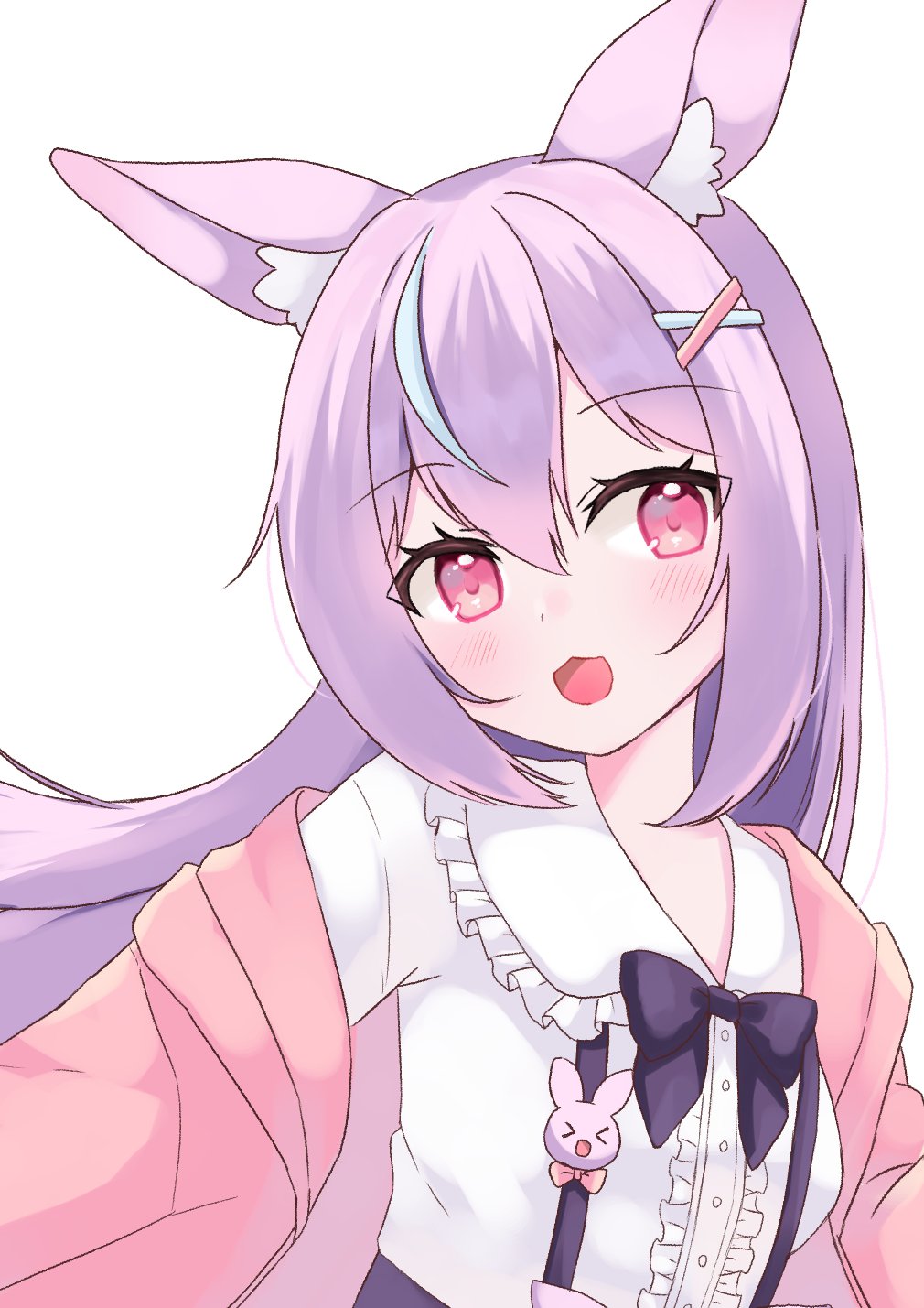 1girl, animal_ear_fluff, aqua_hair, black_bow, black_bowtie, bow, bowtie, center_frills