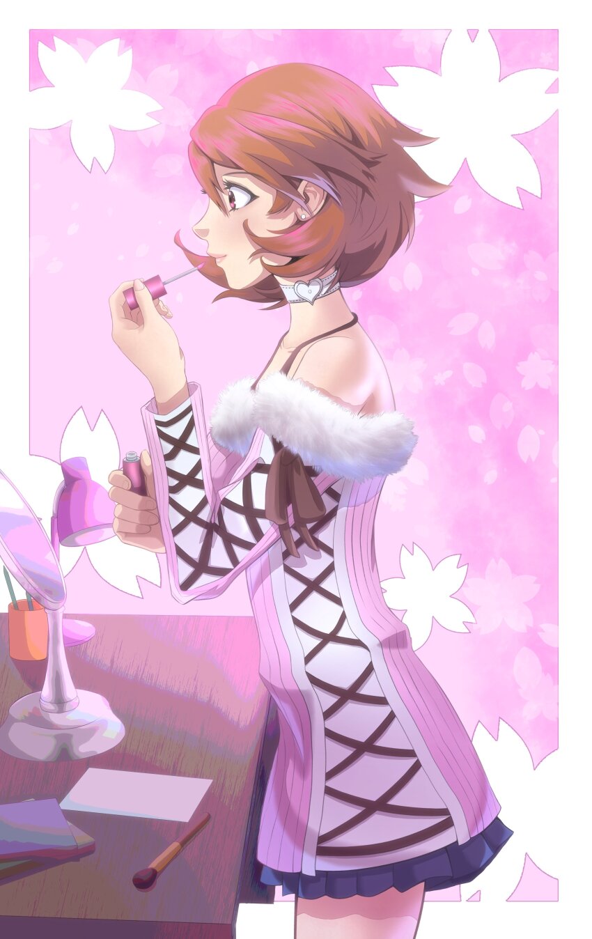 1girl, absurdres, amaterasu_(amaterasu1), applying_makeup, applying_own_makeup, bare_shoulders, black_skirt, border, brown_eyes, brown_hair, cherry_blossoms, choker, closed_mouth, collarbone, cowboy_shot, desk, desk_lamp, dress, earrings, eyelashes, floral_background, from_side, fur-trimmed_sweater, fur_trim, hair_between_eyes, hands_up, heart, heart_choker, highres, jewelry, lamp, lipstick, long_sleeves, looking_to_the_side, makeup, miniskirt, off-shoulder_dress, off-shoulder_sweater, off_shoulder, official_alternate_costume, outside_border, persona, persona_3, pink_background, pink_lips, pink_sweater, pink_theme, pleated_skirt, profile, ribbed_sweater, shadow, short_hair, skirt, solo, standing, stud_earrings, sweater, sweater_dress, takeba_yukari, white_border, white_choker, winter_clothes