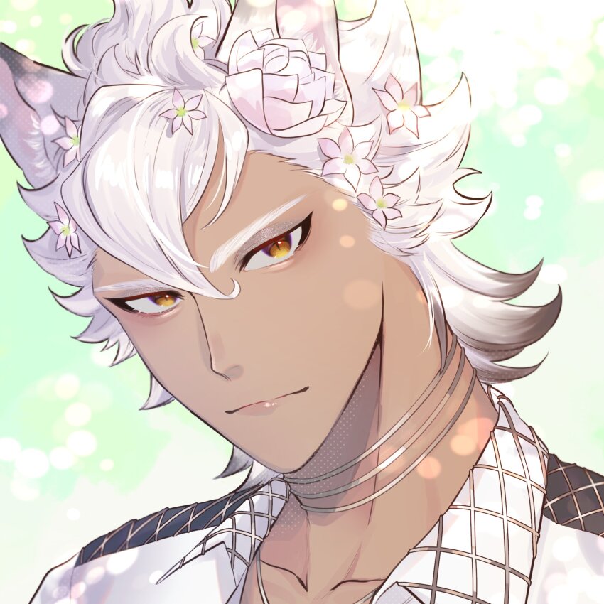 1boy, animal_ears, colored_tips, commentary_request, dark-skinned_male, dark_skin, flower, green_background