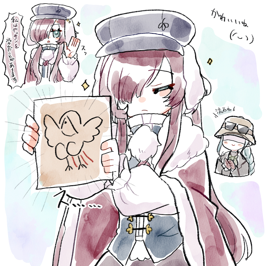 2girls, aqua_background, bessmert_(reverse:1999), black_hat, black_vest, blue_eyes, brown_coat, brown_gloves, brown_helmet, cape, child's_drawing, clapping, closed_eyes, coat, cropped_torso, faux_traditional_media, fur-trimmed_cape, fur_trim, gloves, goggles, goggles_on_headwear, hair_over_one_eye, hand_up, hat, helmet, highres, holding, holding_paper, long_hair, long_sleeves, multiple_girls, multiple_views, newsboy_cap, one_eye_covered, paper, pith_helmet, puffy_long_sleeves, puffy_sleeves, red_cape, red_hair, reverse:1999, shirt, speech_bubble, translation_request, vest, watercolor_effect, white_shirt, yenisei_(reverse:1999), yukine_(ykn_iroiro)