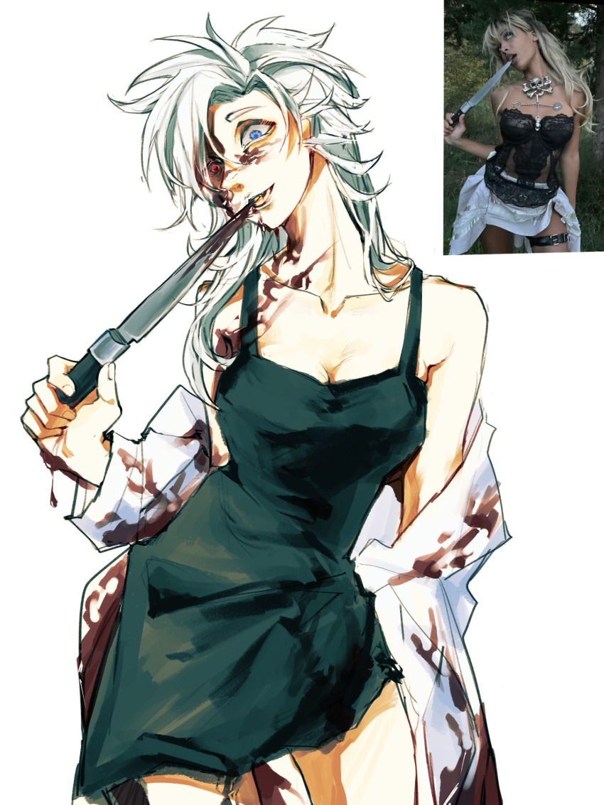 1girl, blood, blood_on_clothes, blood_on_face, blood_on_hands, blood_on_neck, bloody_weapon, blue_eyes